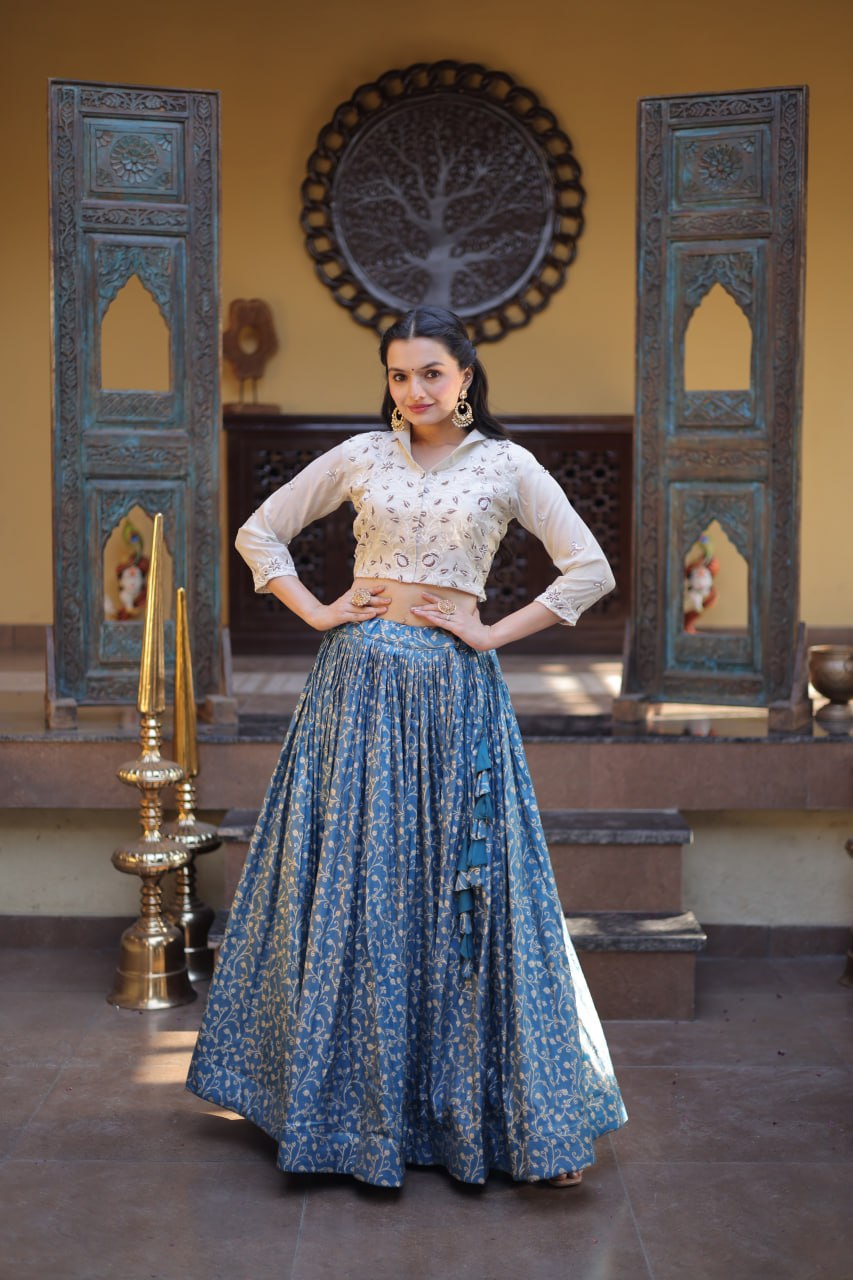 Blue Cosmos Jacquard Lehenga with Embroidered Blouse
