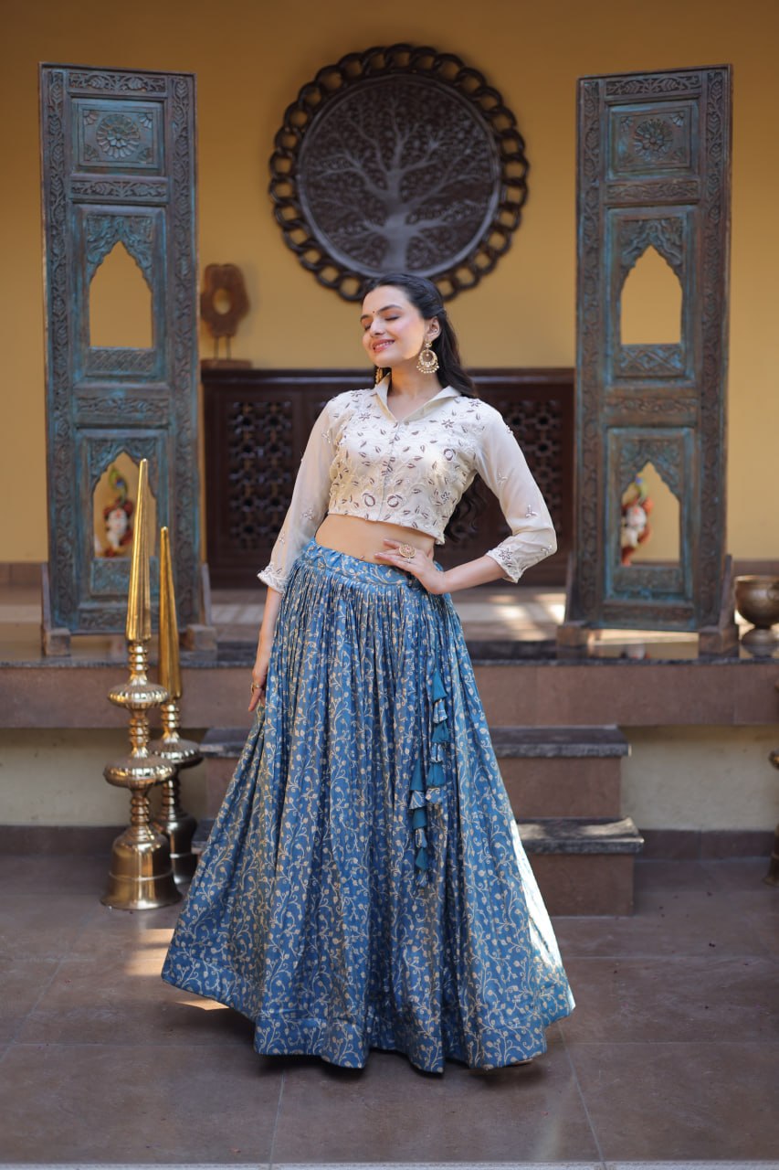 Blue Cosmos Jacquard Lehenga with Embroidered Blouse