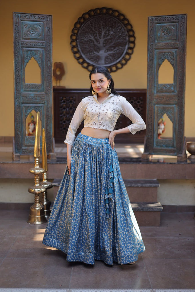 Blue Cosmos Jacquard Lehenga with Embroidered Blouse