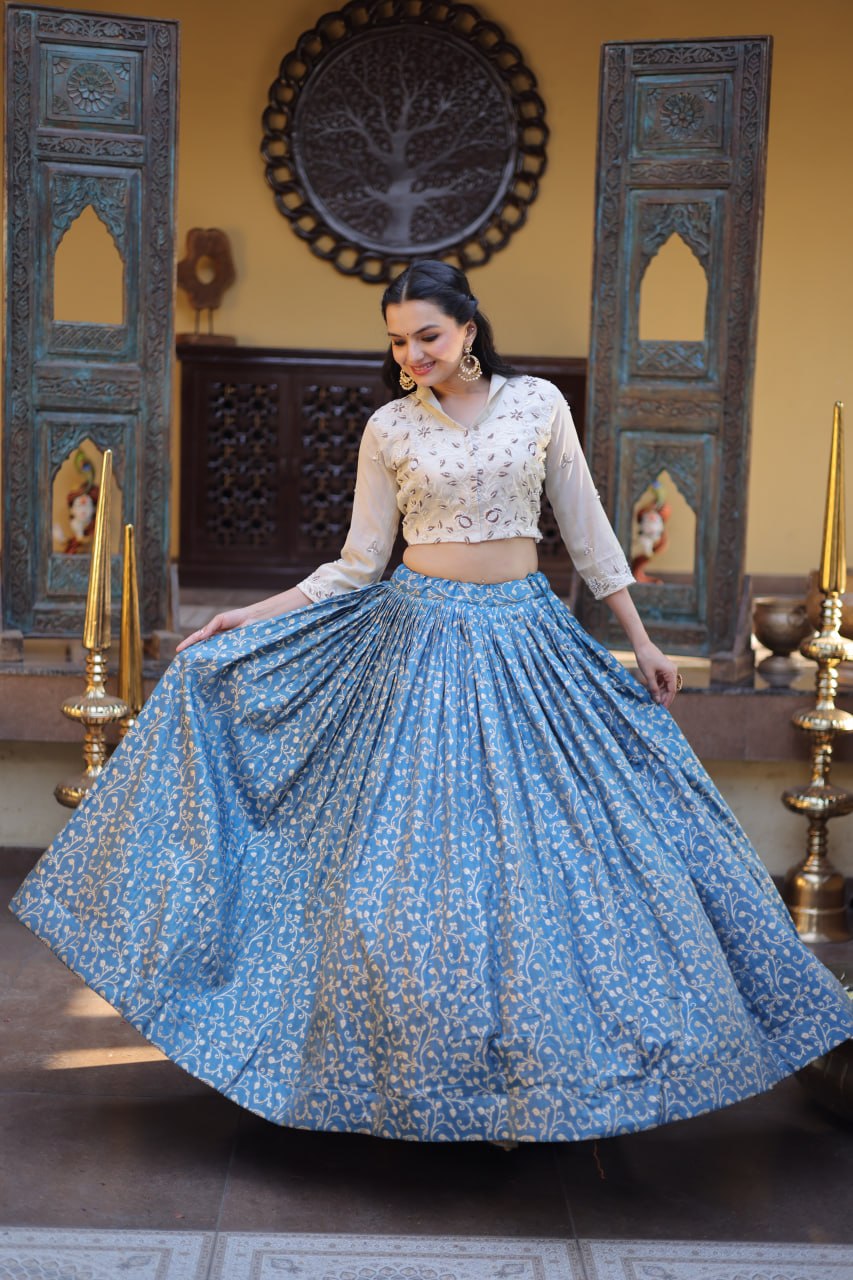 Blue Cosmos Jacquard Lehenga with Embroidered Blouse
