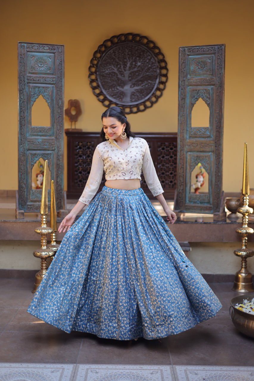 Blue Cosmos Jacquard Lehenga with Embroidered Blouse