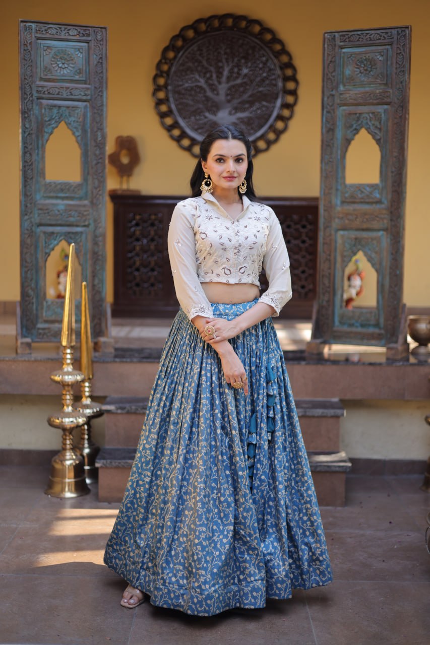 Blue Cosmos Jacquard Lehenga with Embroidered Blouse