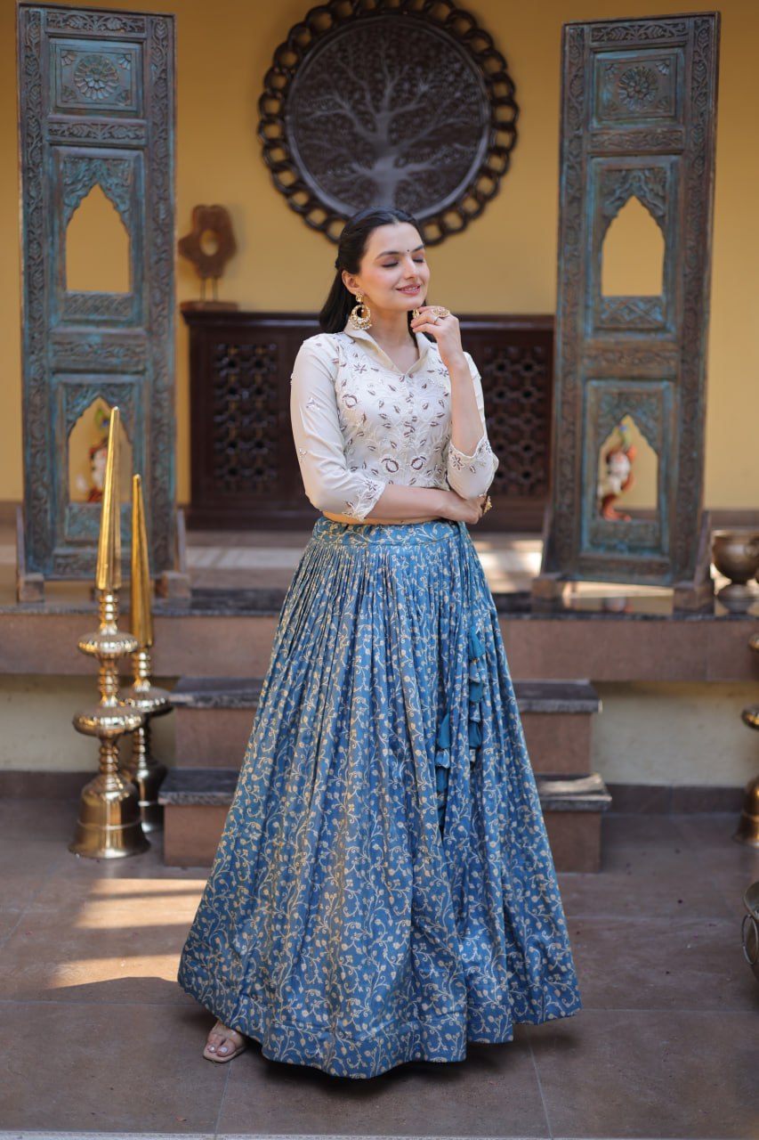 Blue Cosmos Jacquard Lehenga with Embroidered Blouse