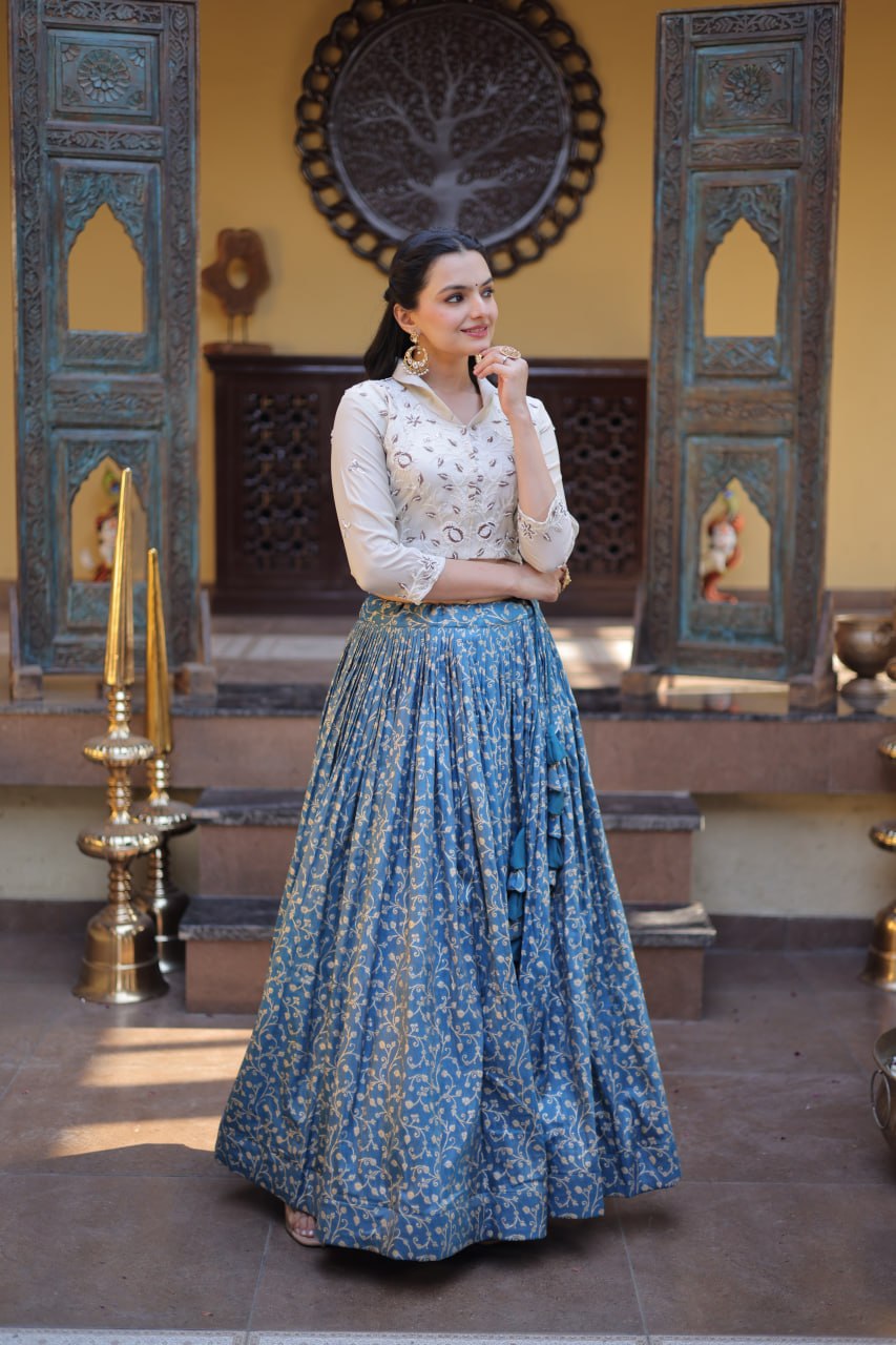 Blue Cosmos Jacquard Lehenga with Embroidered Blouse