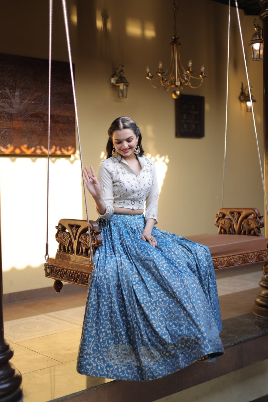 Blue Cosmos Jacquard Lehenga with Embroidered Blouse