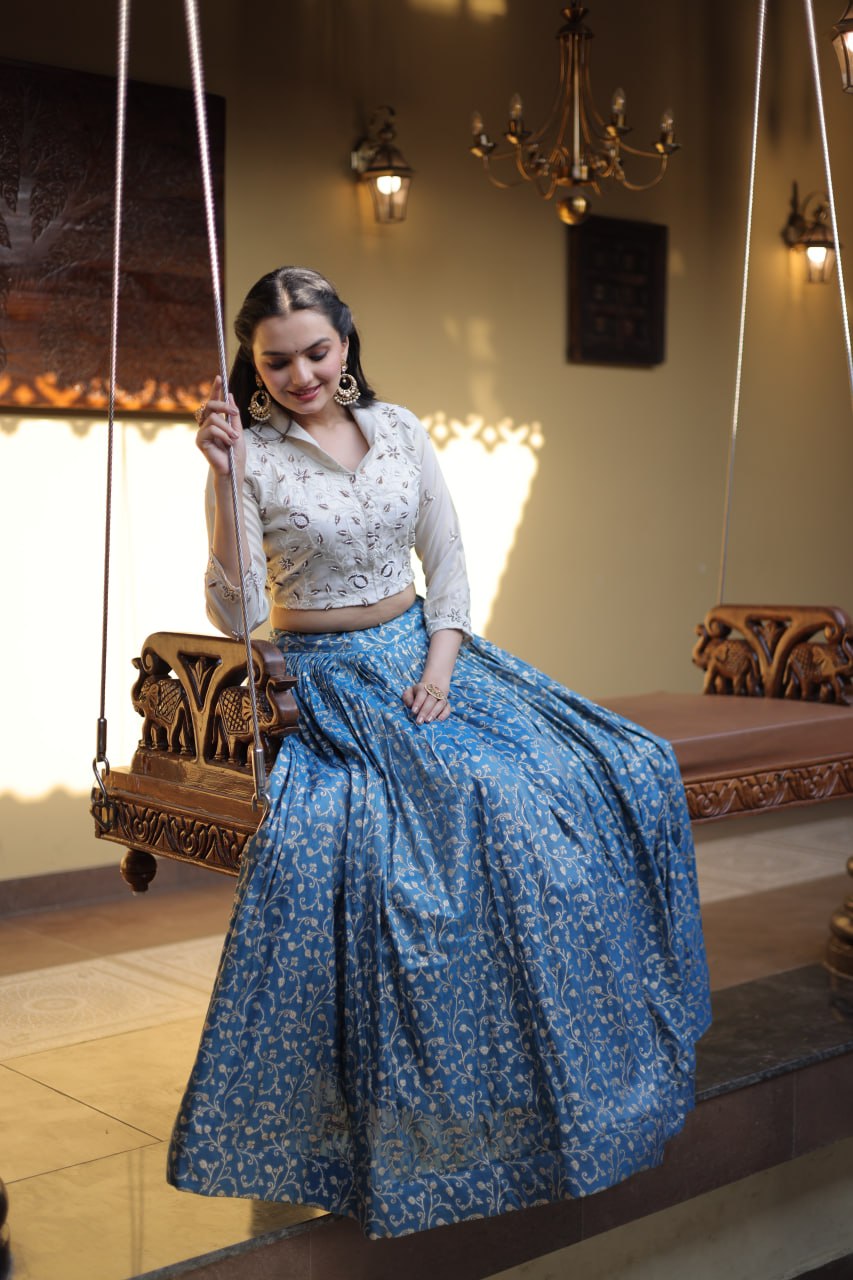 Blue Cosmos Jacquard Lehenga with Embroidered Blouse