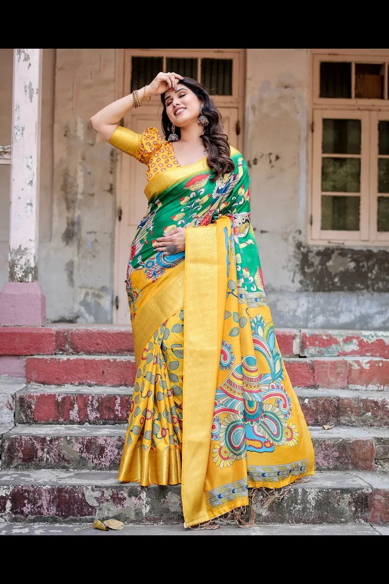 Opulent Pure Silk Saree with Digital Print & Brocade Details