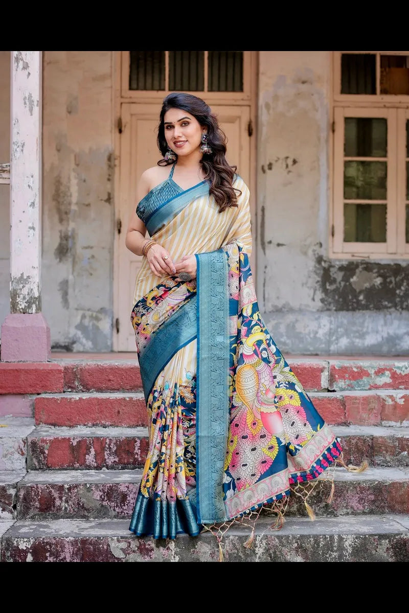 Pure Silk Printed Saree with Brocade Blouse and Tassels