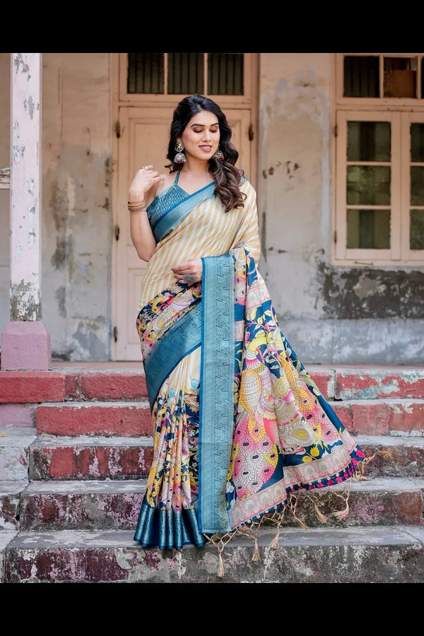 Pure Silk Printed Saree with Brocade Blouse and Tassels