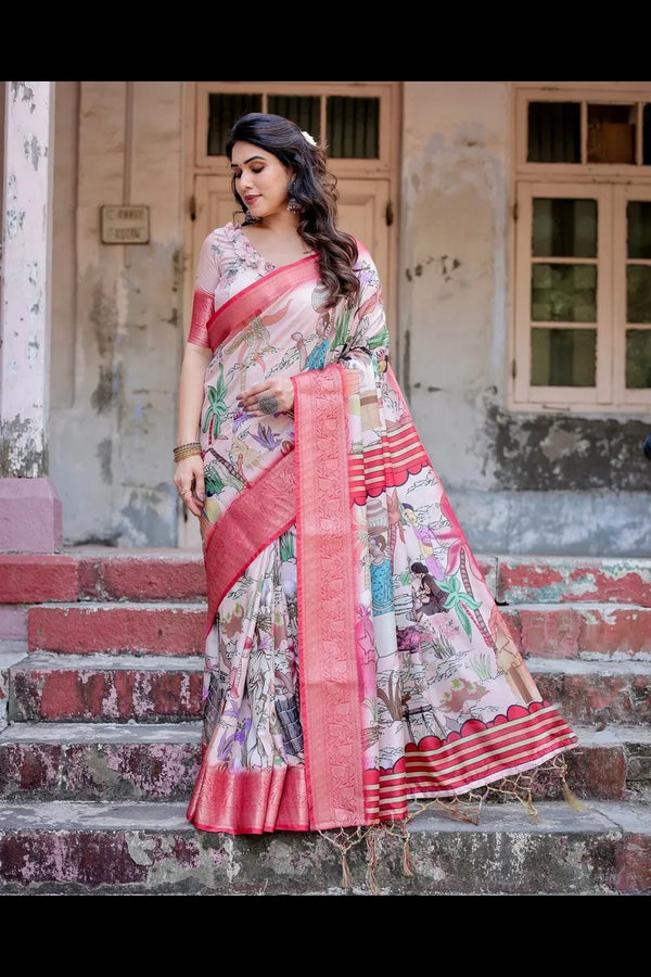 Regal Pure Silk Digital Printed Saree with Brocade Blouse & Tassels