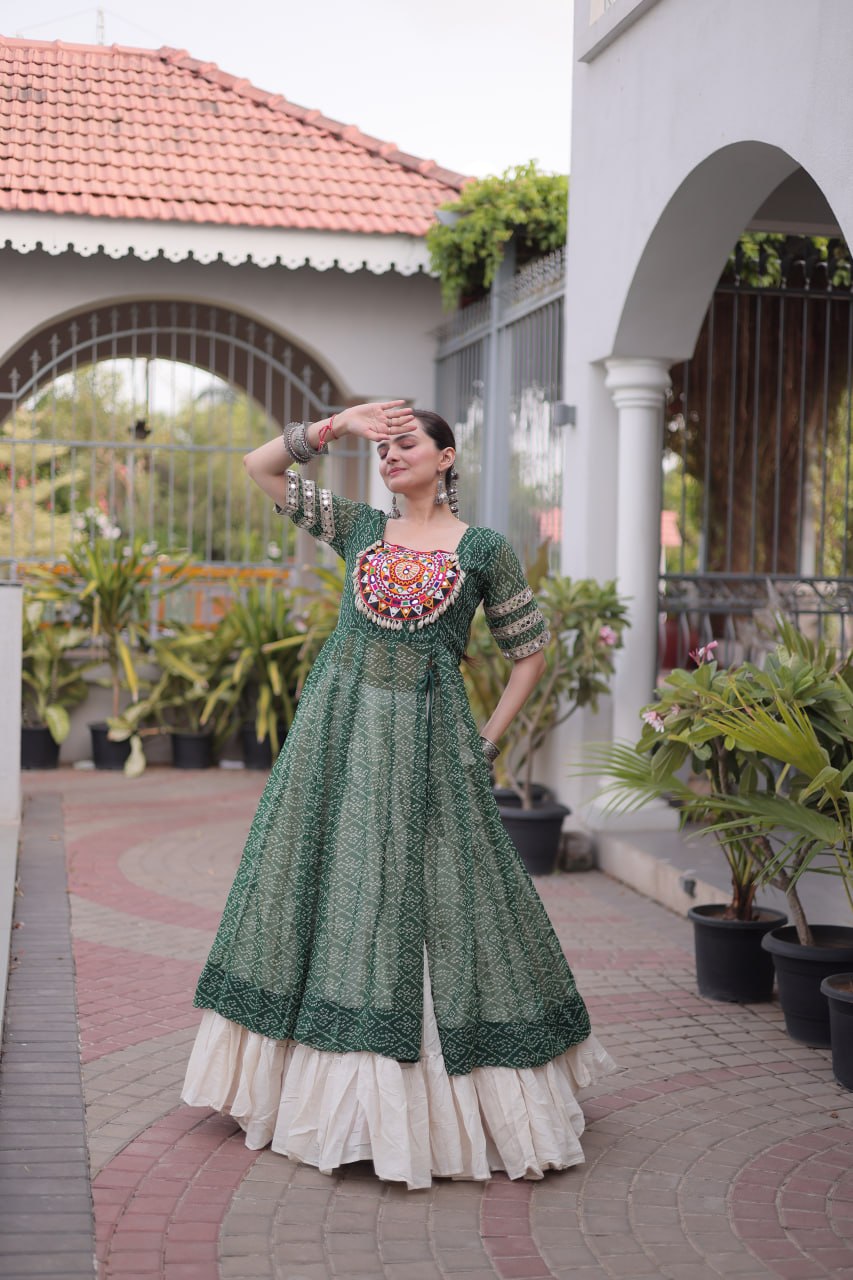 Green Bandhani Kutchi Work Kurti with 12M Lehenga