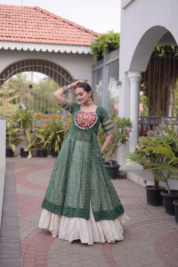 Green Bandhani Kutchi Work Kurti with 12M Lehenga