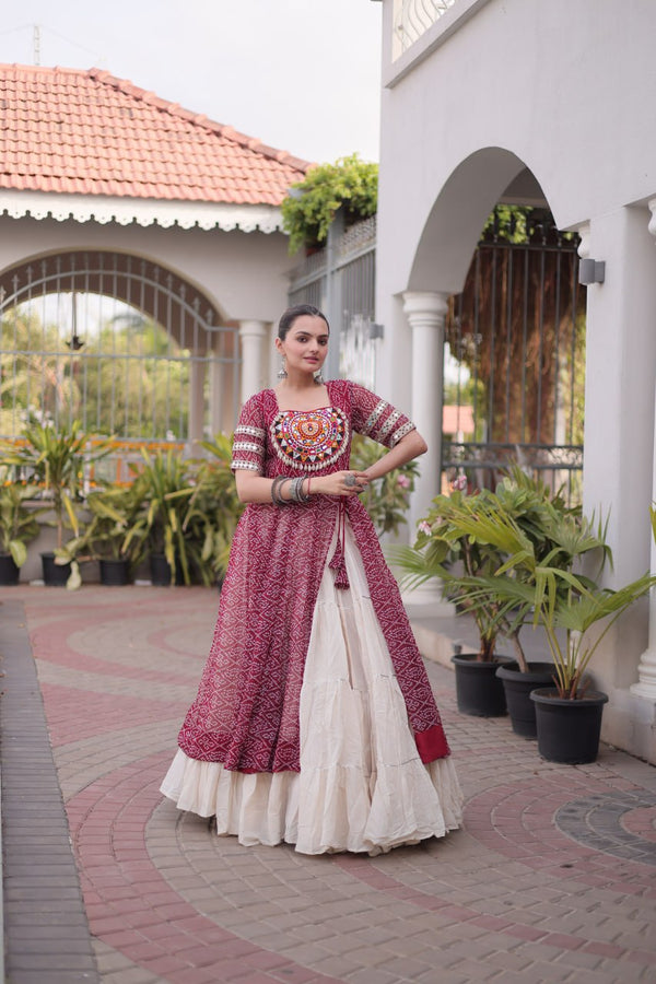 Maroon Bandhani Kutchi Work Kurti with 12M Lehenga