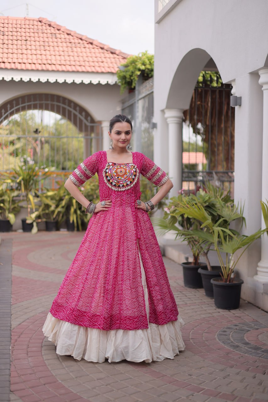 Pink Bandhani Kutchi Work Kurti with 12M Lehenga