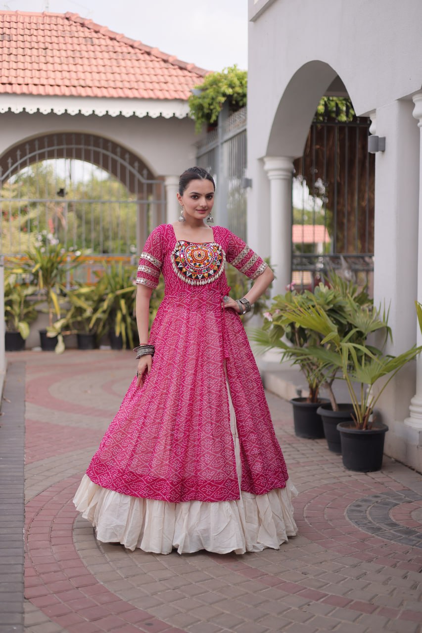 Pink Bandhani Kutchi Work Kurti with 12M Lehenga