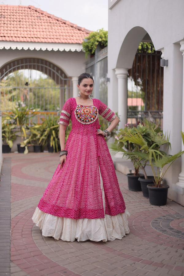 Pink Bandhani Kutchi Work Kurti with 12M Lehenga