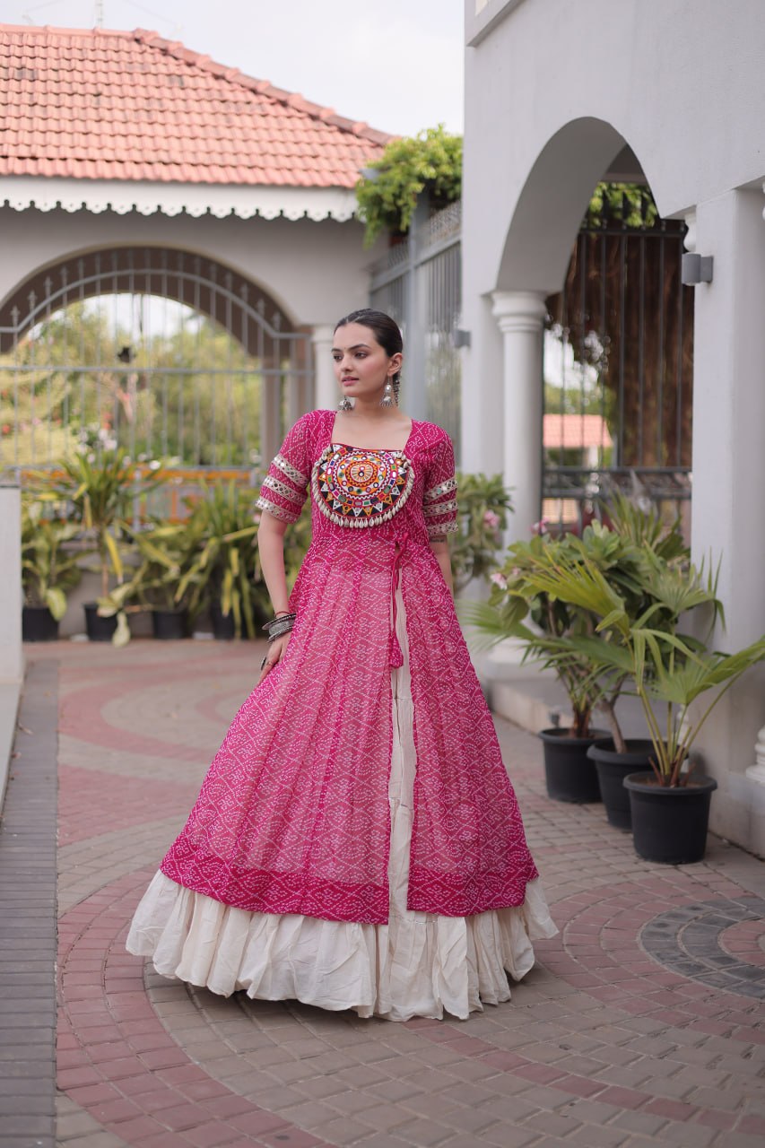 Pink Bandhani Kutchi Work Kurti with 12M Lehenga