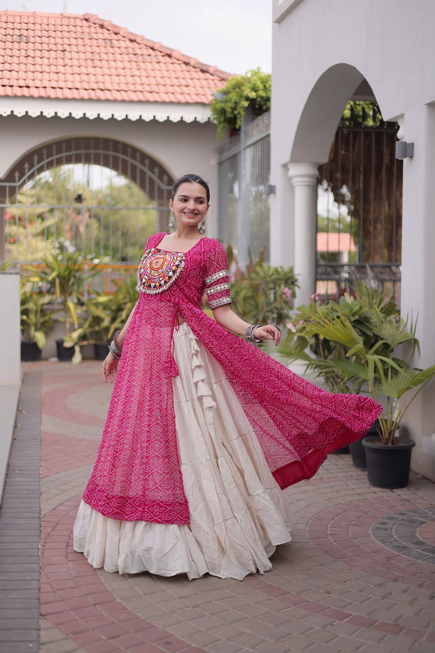 Pink Bandhani Kutchi Work Kurti with 12M Lehenga