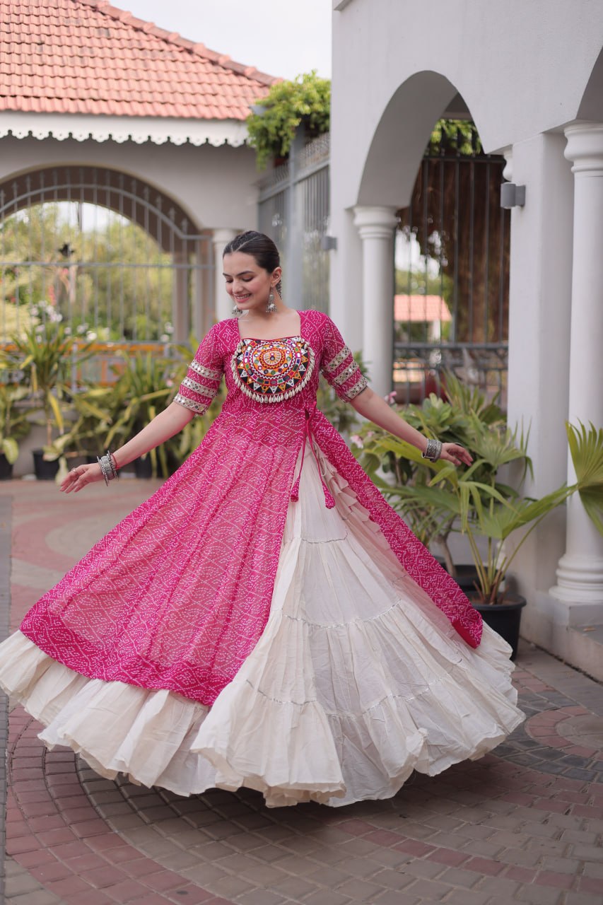Pink Bandhani Kutchi Work Kurti with 12M Lehenga