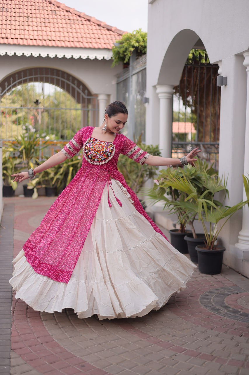 Pink Bandhani Kutchi Work Kurti with 12M Lehenga