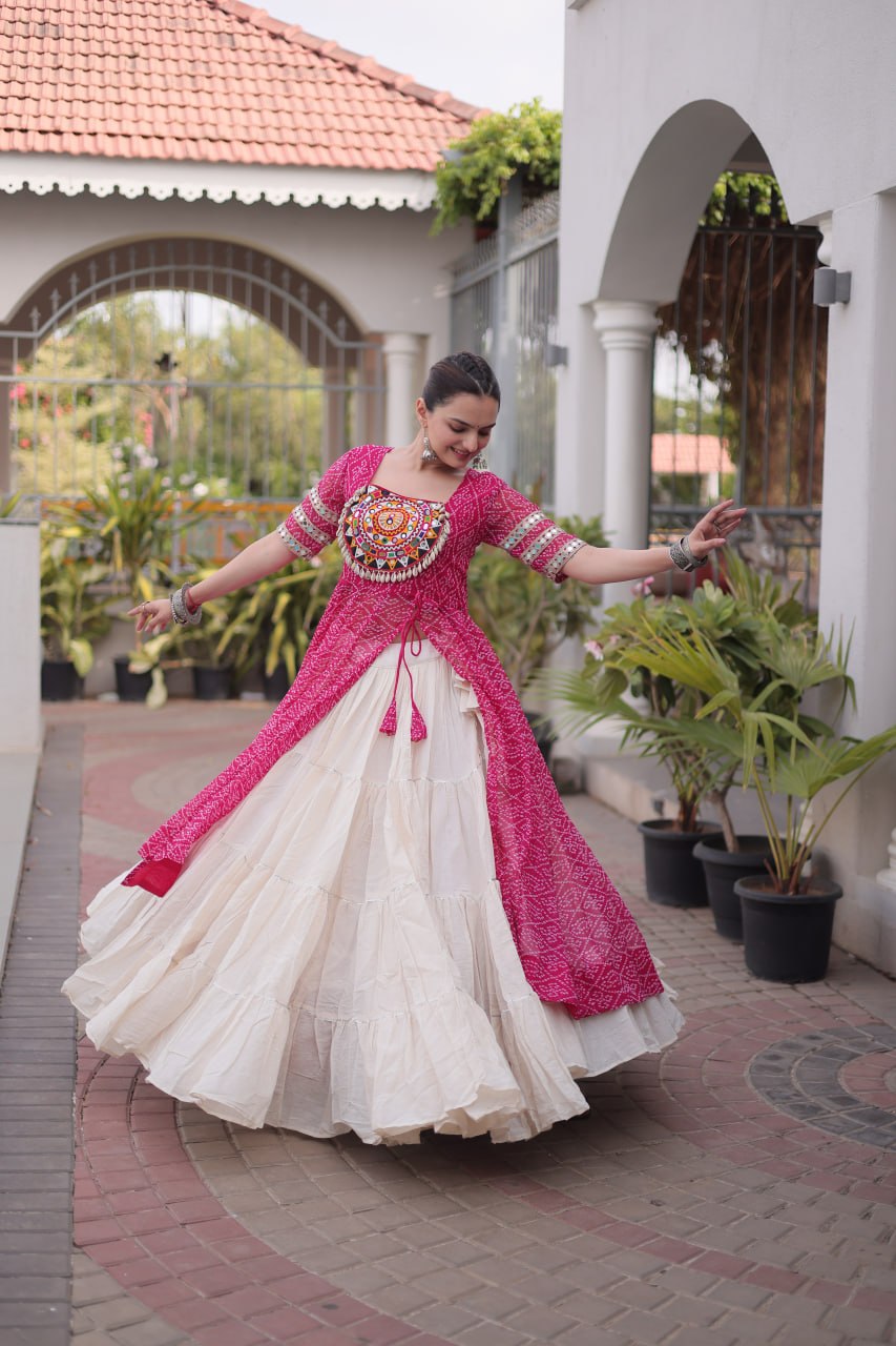 Pink Bandhani Kutchi Work Kurti with 12M Lehenga