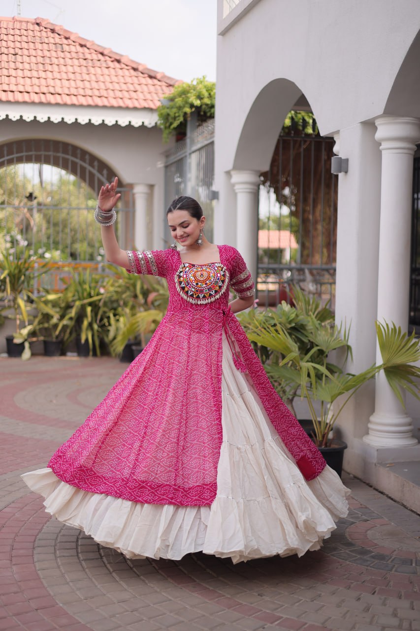 Pink Bandhani Kutchi Work Kurti with 12M Lehenga