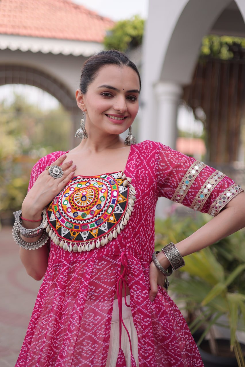 Pink Bandhani Kutchi Work Kurti with 12M Lehenga