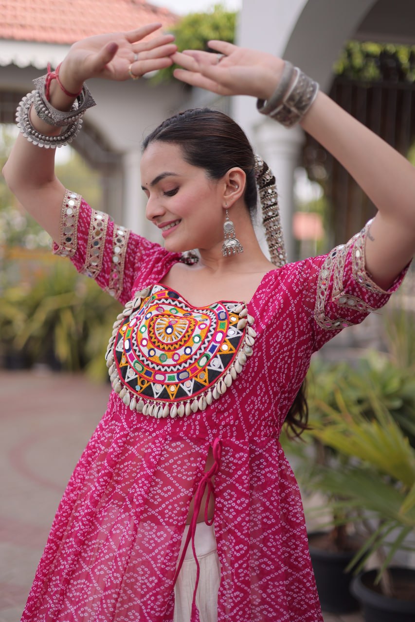 Pink Bandhani Kutchi Work Kurti with 12M Lehenga