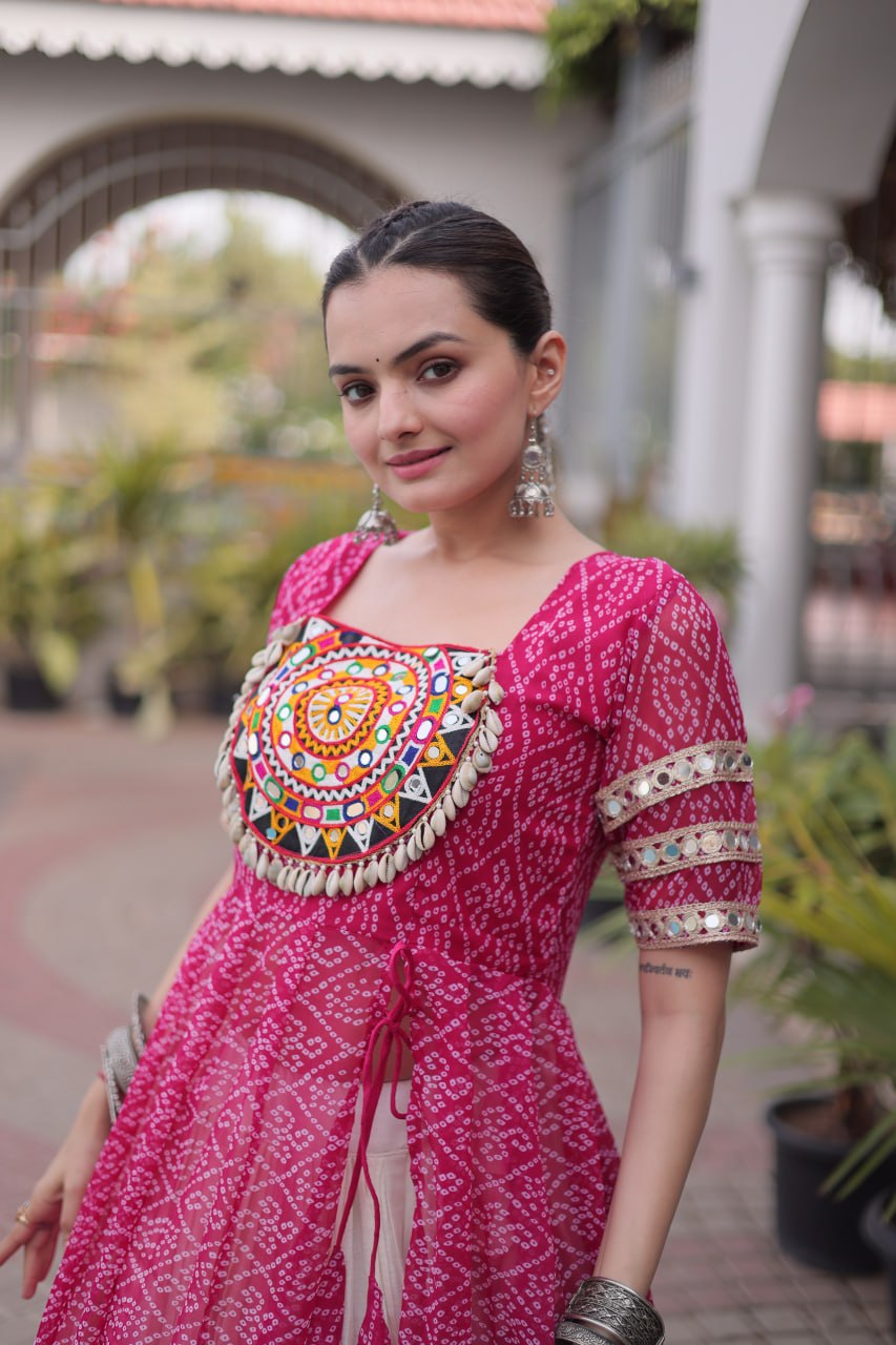 Pink Bandhani Kutchi Work Kurti with 12M Lehenga