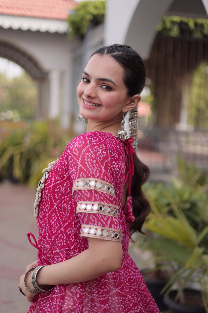 Pink Bandhani Kutchi Work Kurti with 12M Lehenga