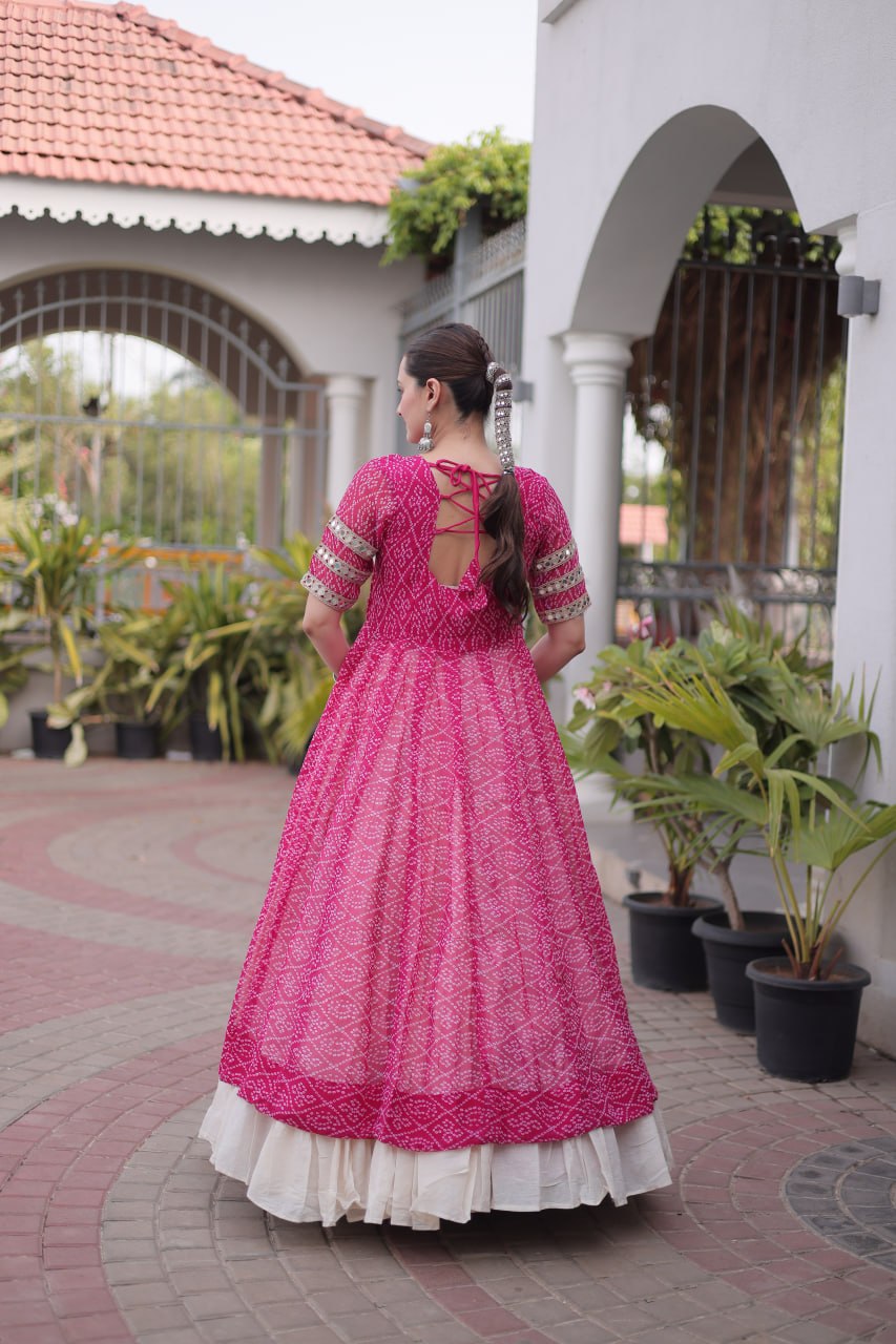 Pink Bandhani Kutchi Work Kurti with 12M Lehenga