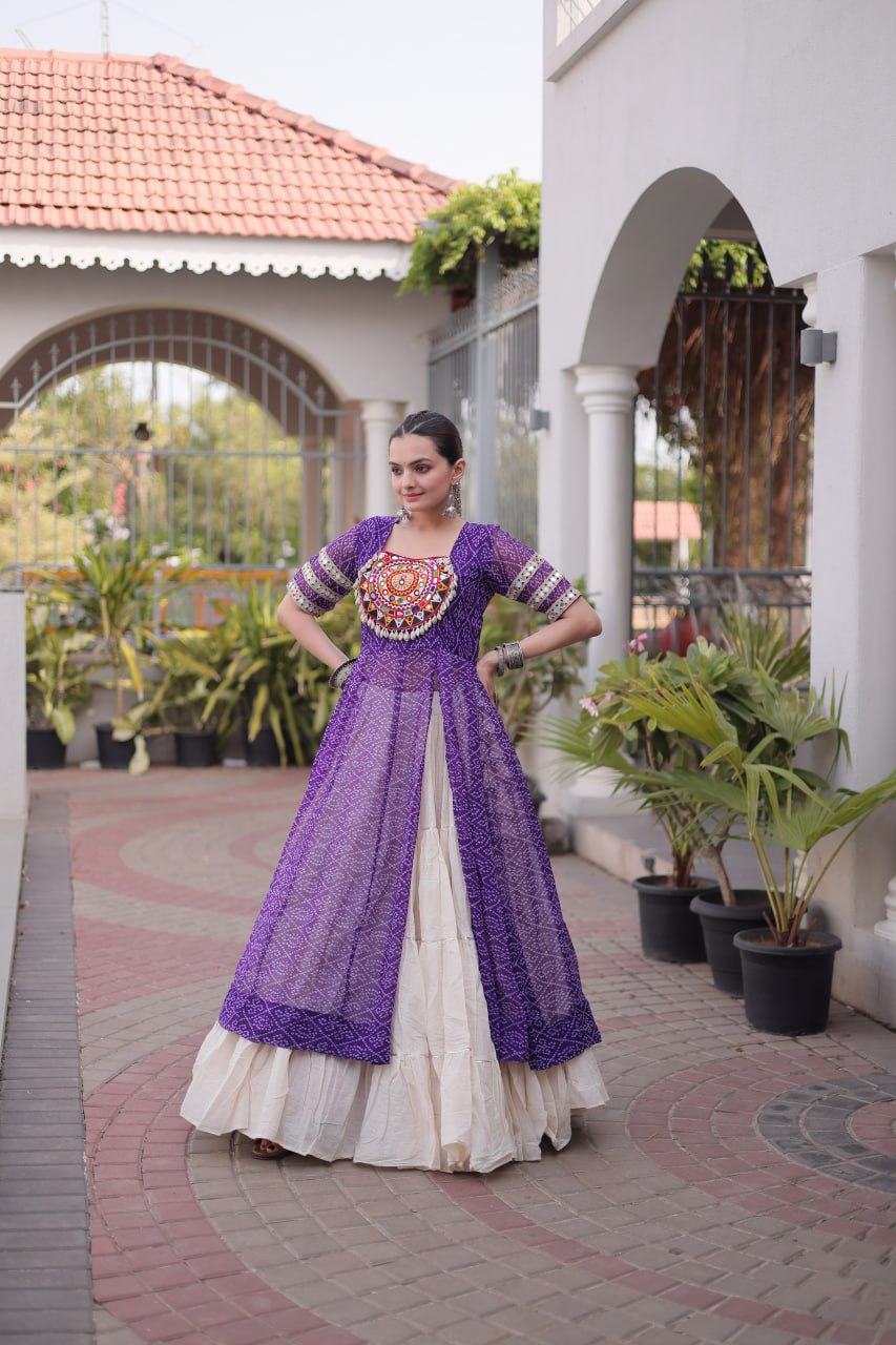 Purple Bandhani Kutchi Work Kurti with 12M Lehenga