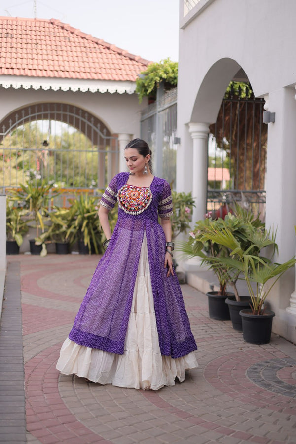 Purple Bandhani Kutchi Work Kurti with 12M Lehenga