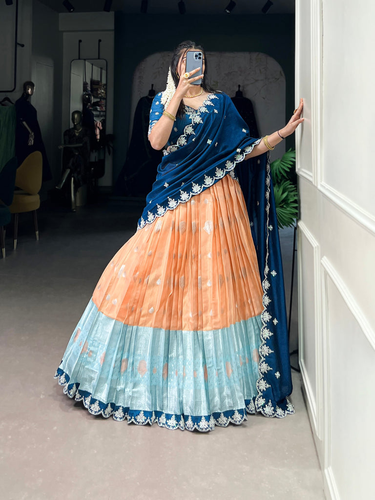Peach and Sky Blue Zari Kota Lehenga Choli Set