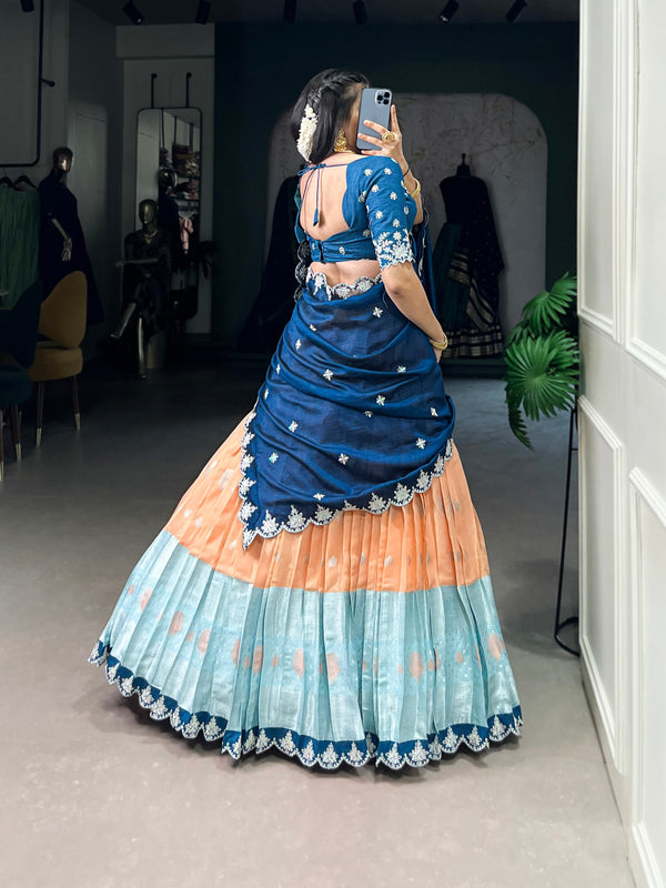 Peach and Sky Blue Zari Kota Lehenga Choli Set