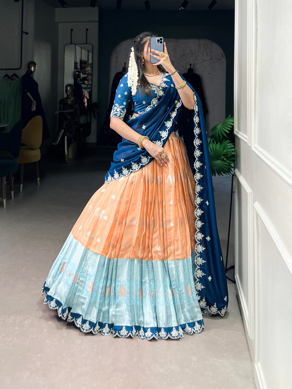 Peach and Sky Blue Zari Kota Lehenga Choli Set