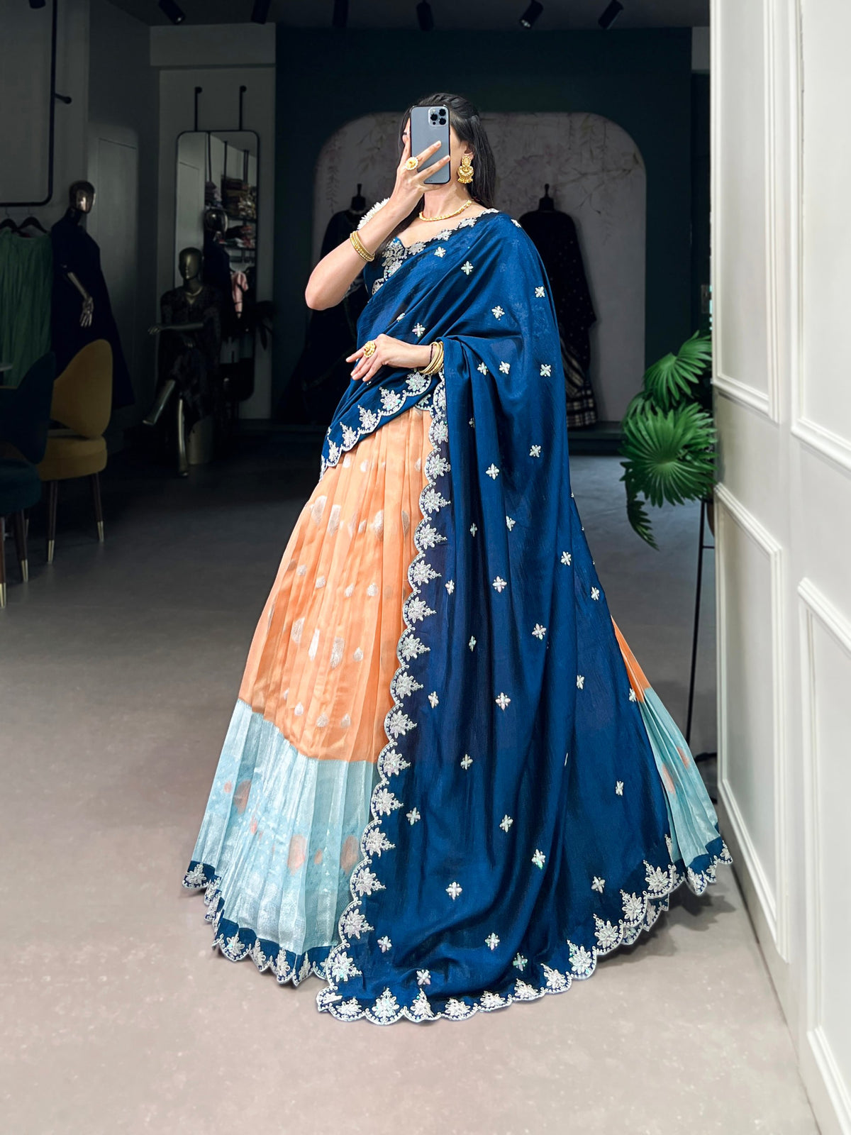 Peach and Sky Blue Zari Kota Lehenga Choli Set