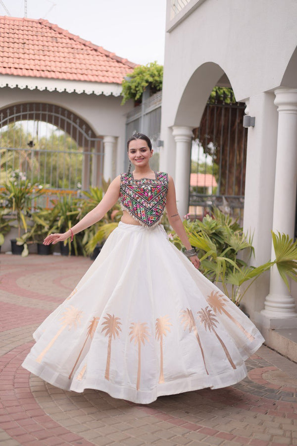White Navratri Lehenga Choli with Kutchi Gamthi Top