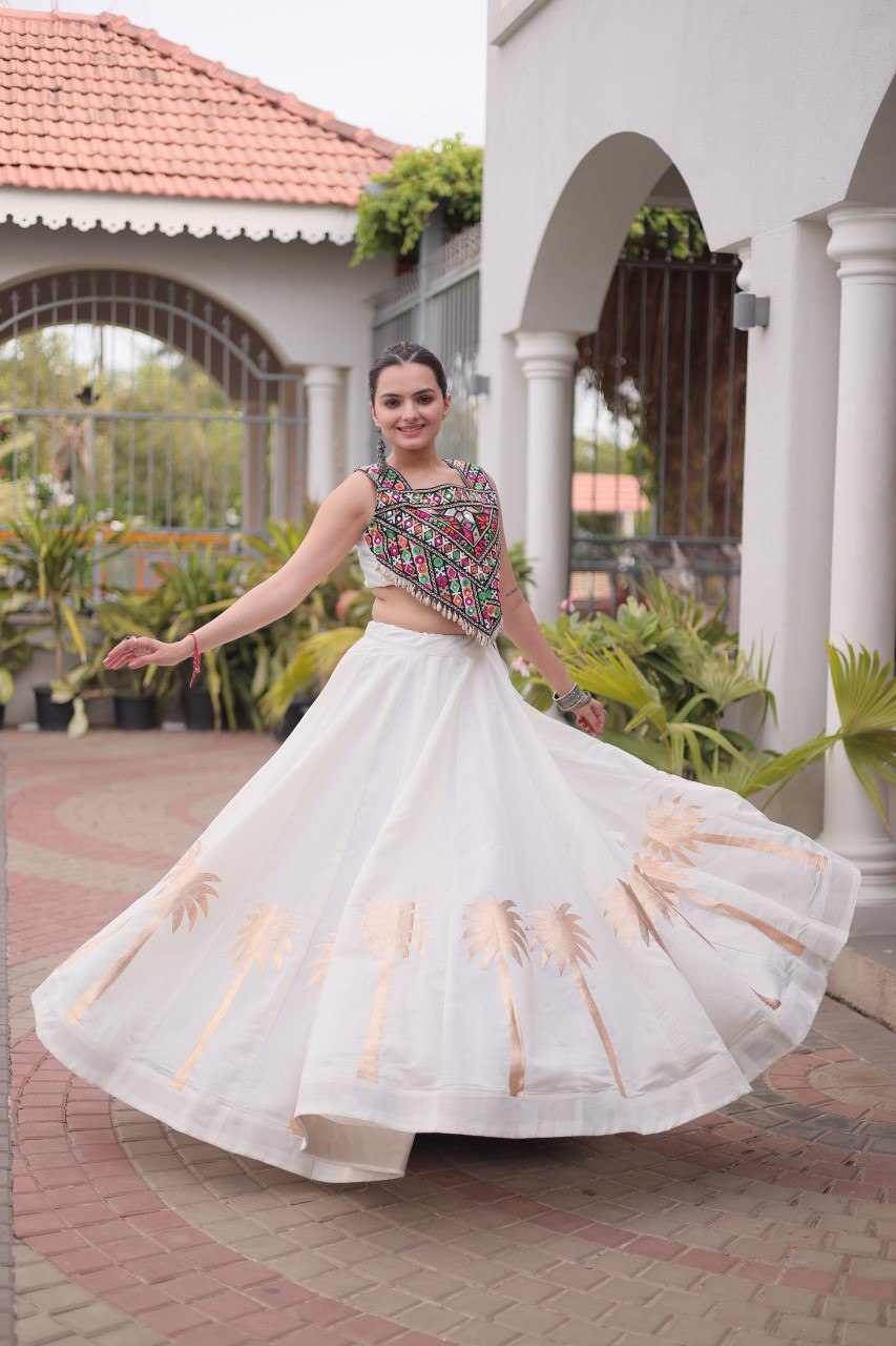 White Navratri Lehenga Choli with Kutchi Gamthi Top