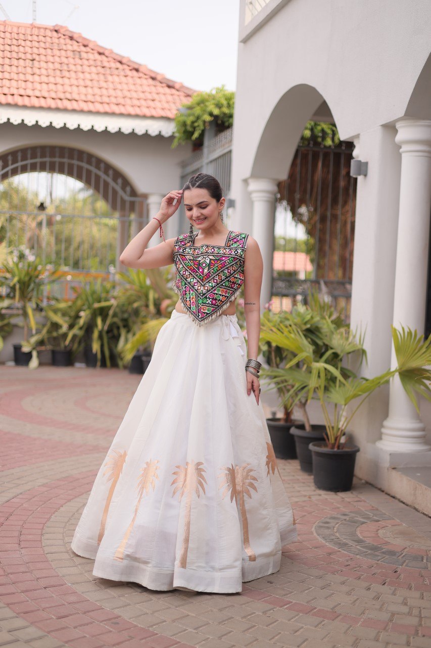 White Navratri Lehenga Choli with Kutchi Gamthi Top