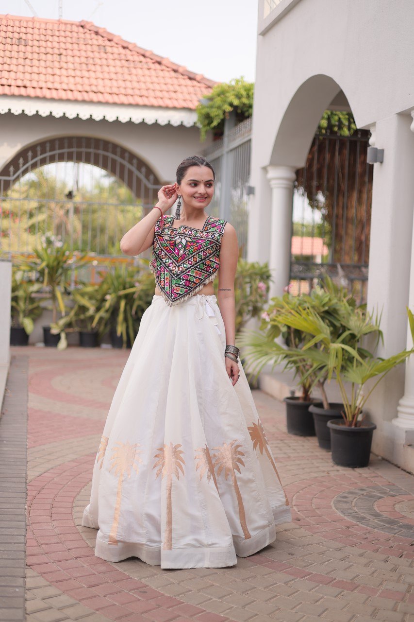 White Navratri Lehenga Choli with Kutchi Gamthi Top