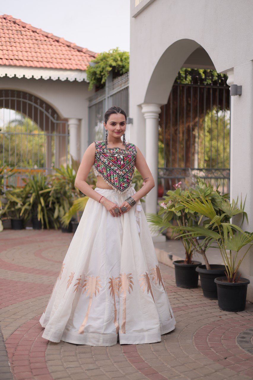 White Navratri Lehenga Choli with Kutchi Gamthi Top