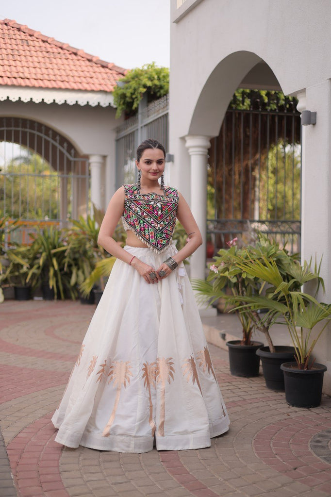 White Navratri Lehenga Choli with Kutchi Gamthi Top