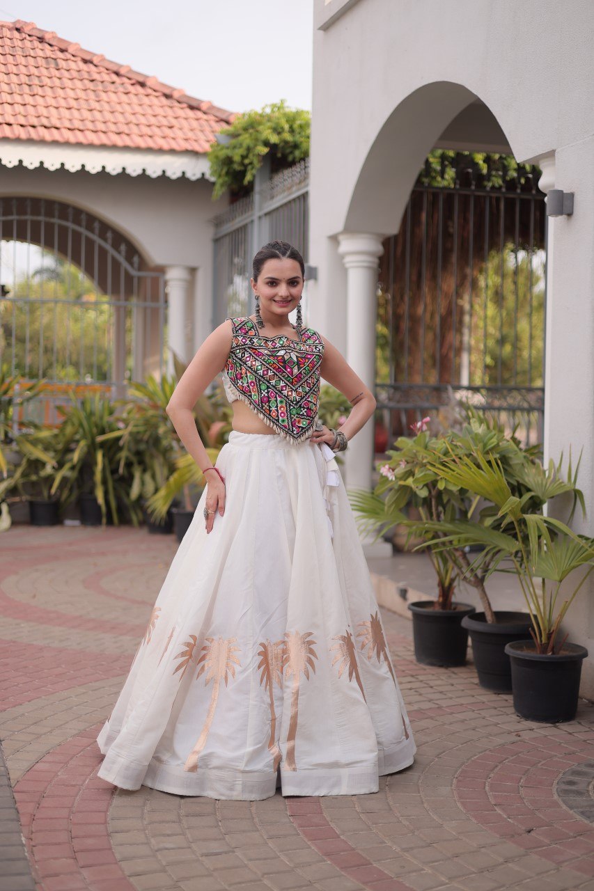White Navratri Lehenga Choli with Kutchi Gamthi Top