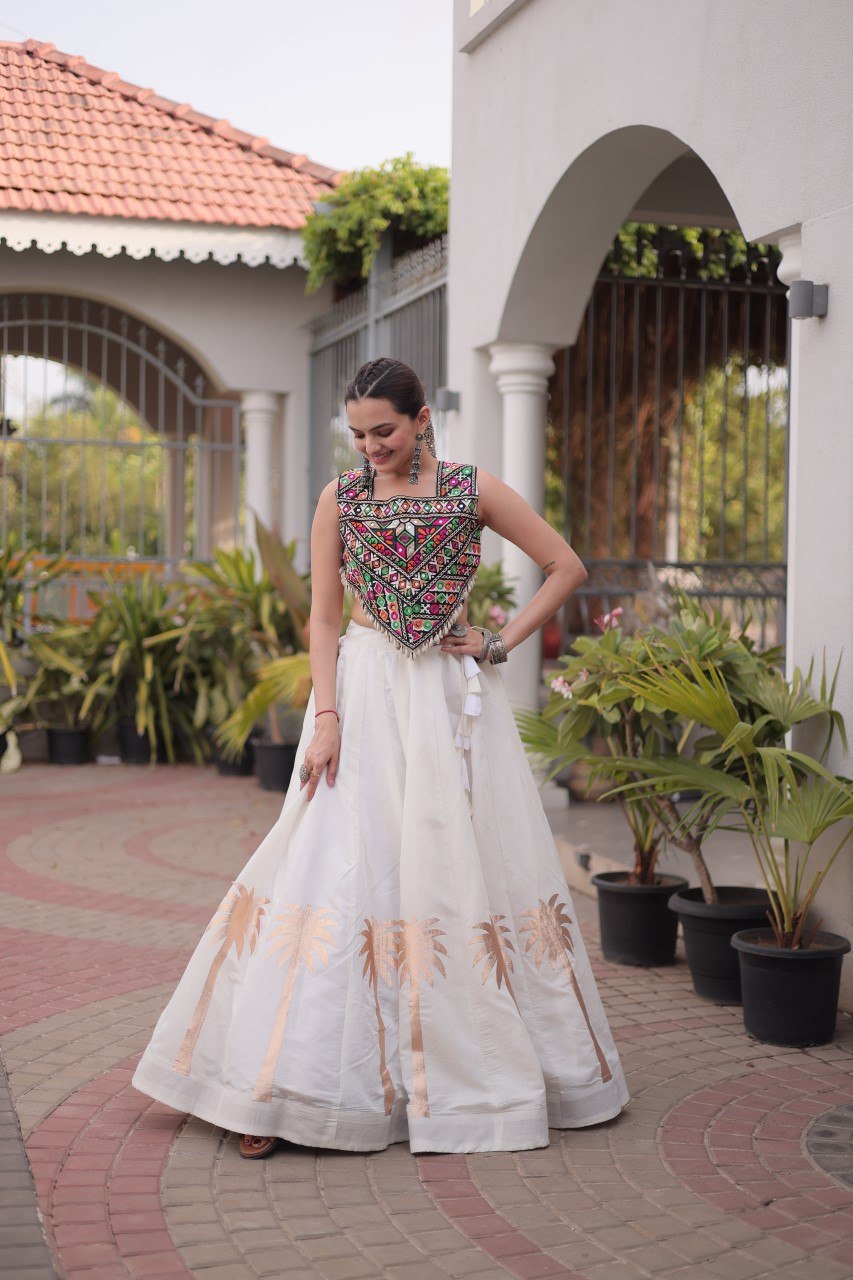 White Navratri Lehenga Choli with Kutchi Gamthi Top