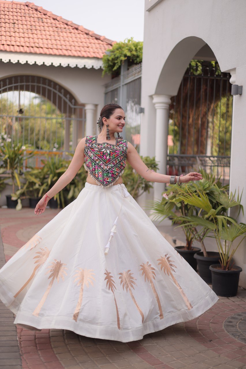White Navratri Lehenga Choli with Kutchi Gamthi Top