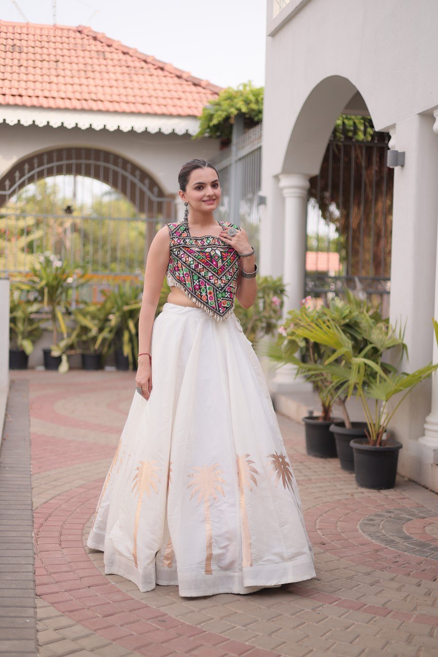White Navratri Lehenga Choli with Kutchi Gamthi Top