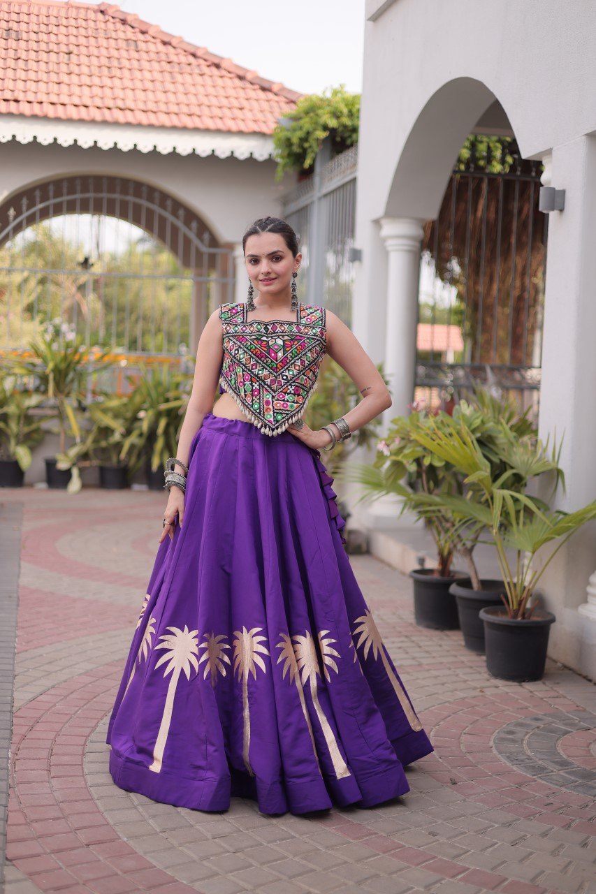 Purple Navratri Lehenga Choli with Kutchi Gamthi Top