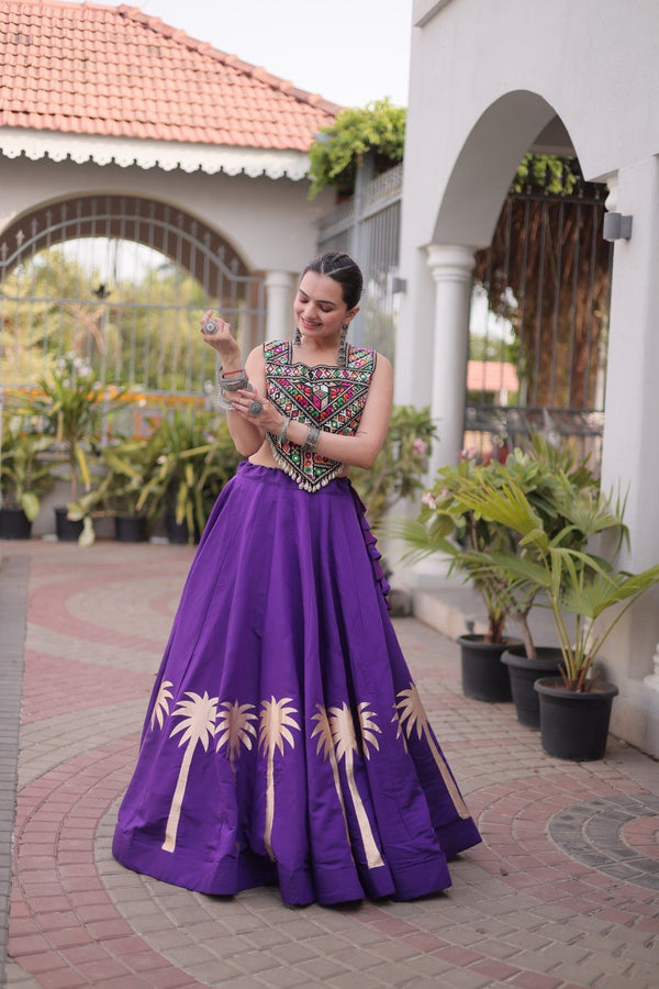 Purple Navratri Lehenga Choli with Kutchi Gamthi Top