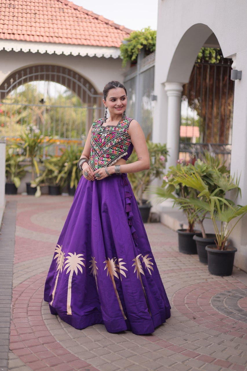 Purple Navratri Lehenga Choli with Kutchi Gamthi Top